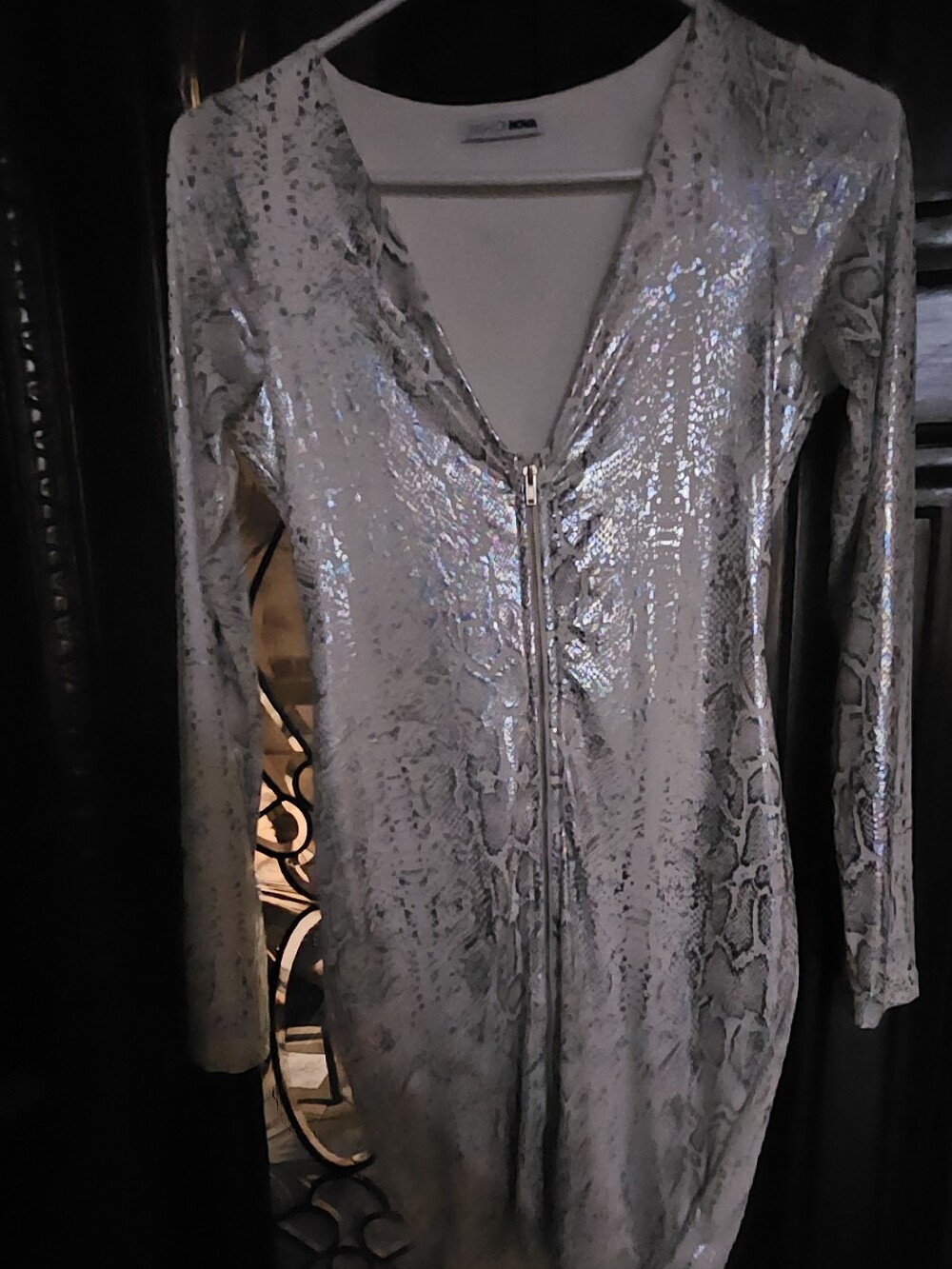 Silver Snake-Print Zip Front Long-Sleeve Top